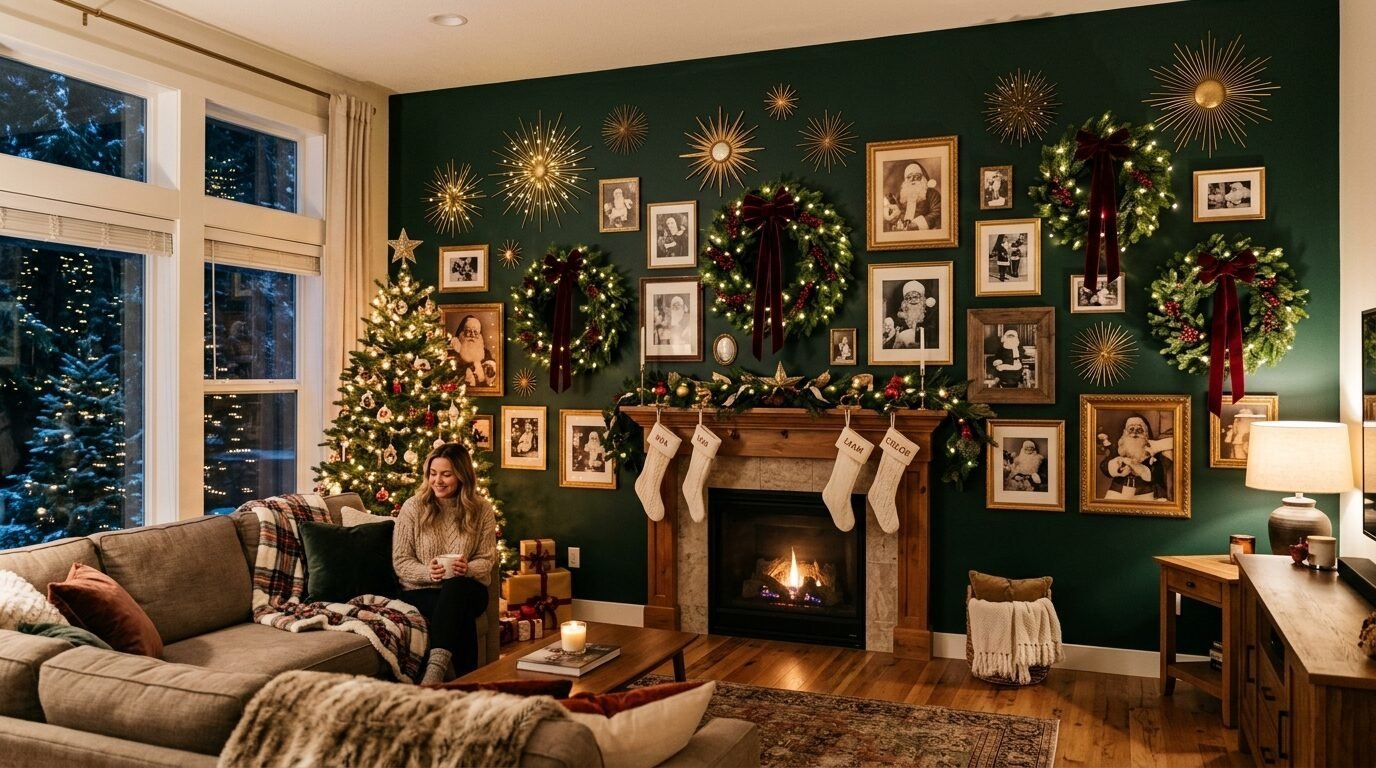 Woman sits on a sofa by a fireplace with Christmas stockings, wreaths, and a decorated tree on a deep green wall.