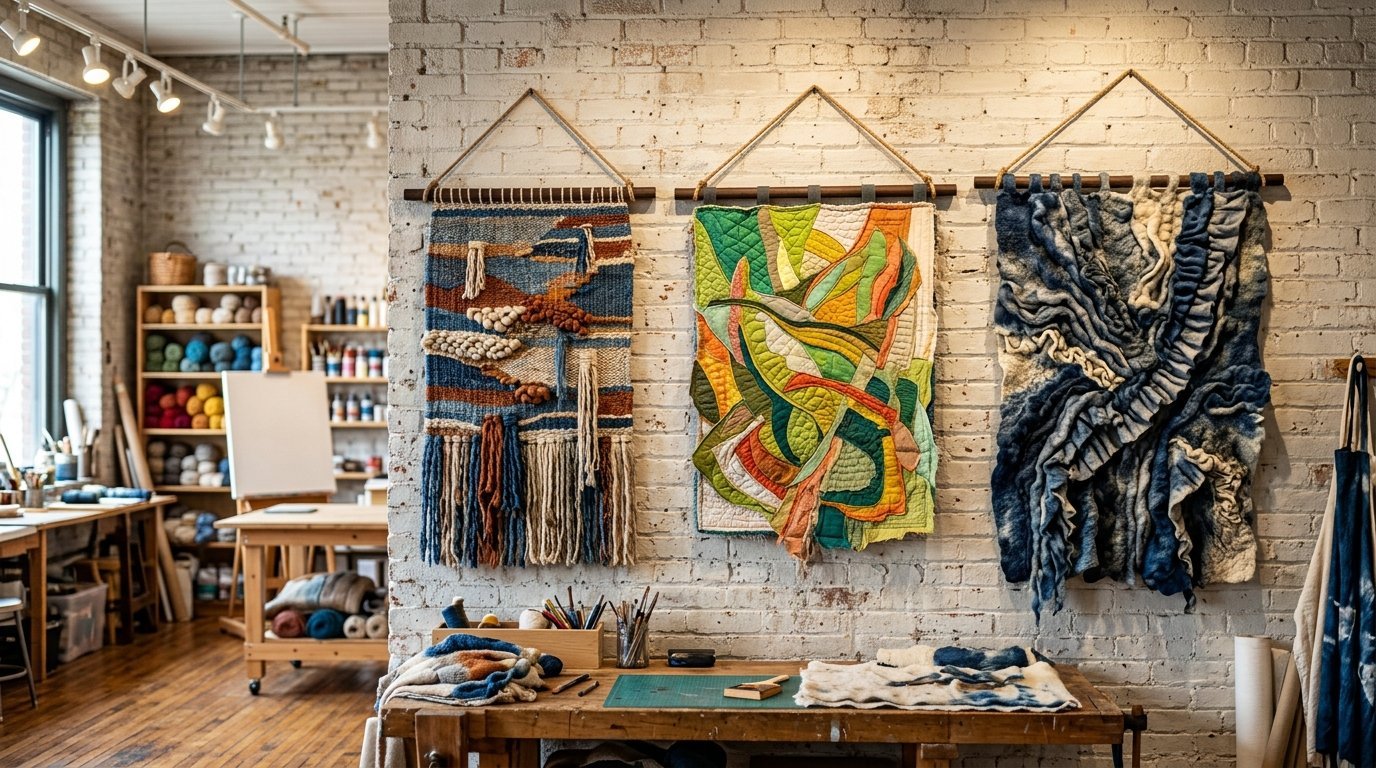 Three handcrafted fiber art wall hangings featuring weaving, quilting, and felted designs hung in an artist's studio.