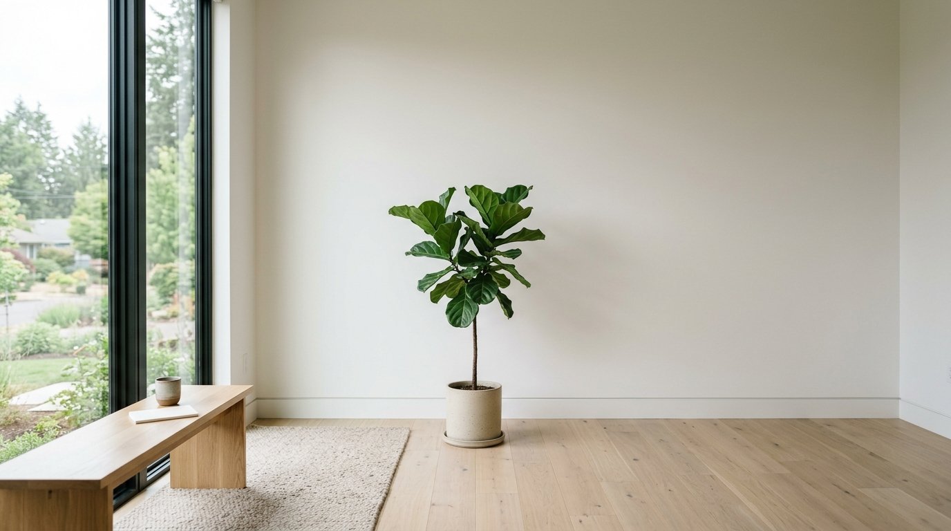 Potted fiddle leaf fig plant next to a wooden bench and large window in a clean, modern interior space.