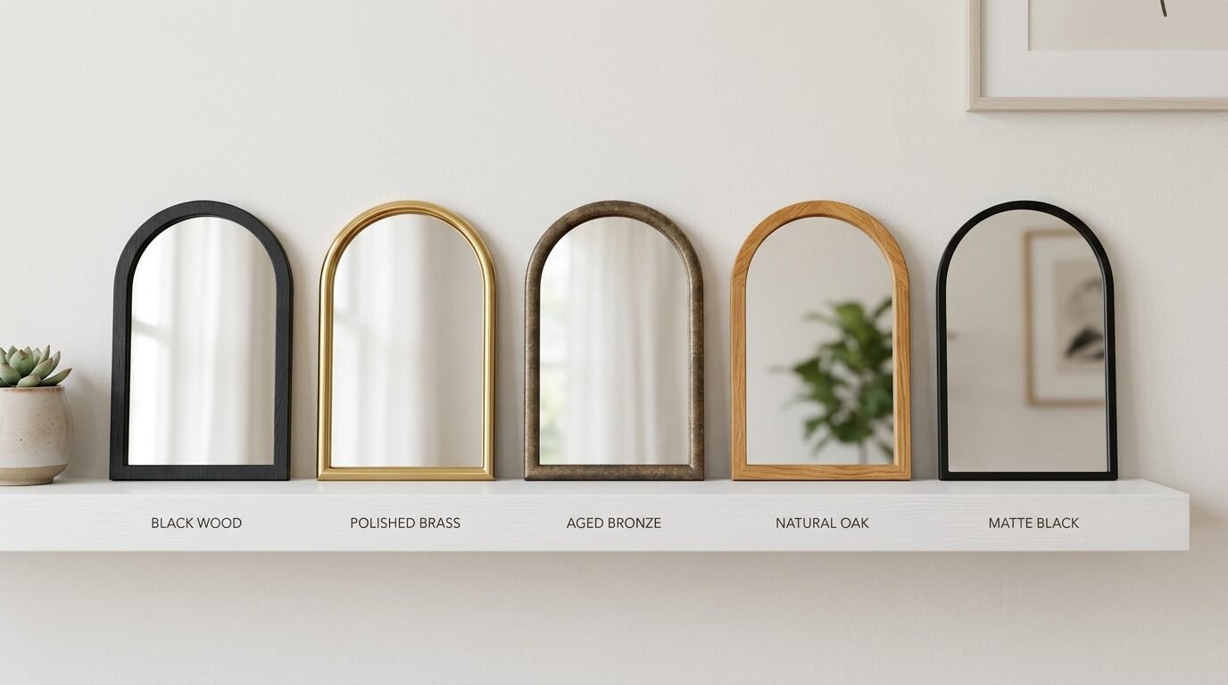 A lineup of five arched mirrors with various frame finishes labeled on a white shelf.