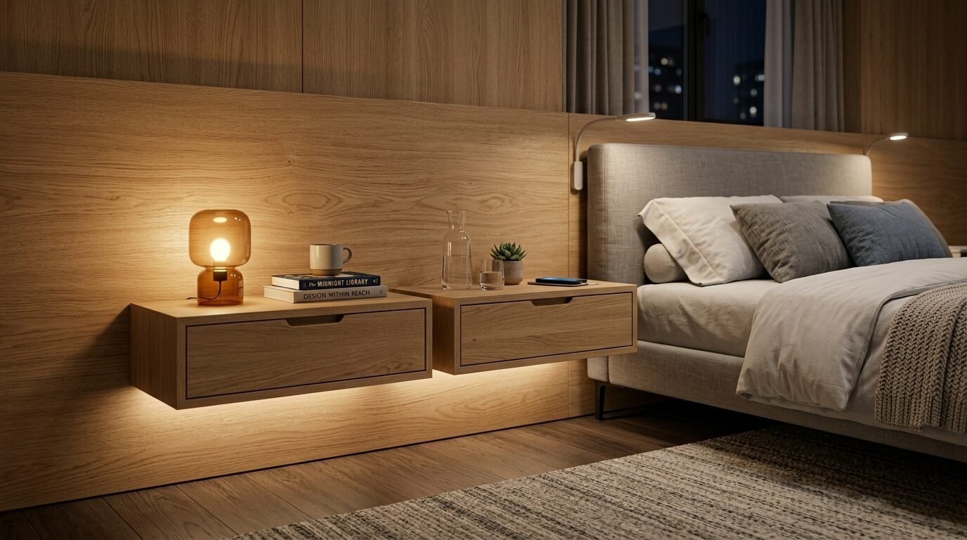 Two mounted oak drawers with under-cabinet lighting beside a gray upholstered bed in a minimalist bedroom.