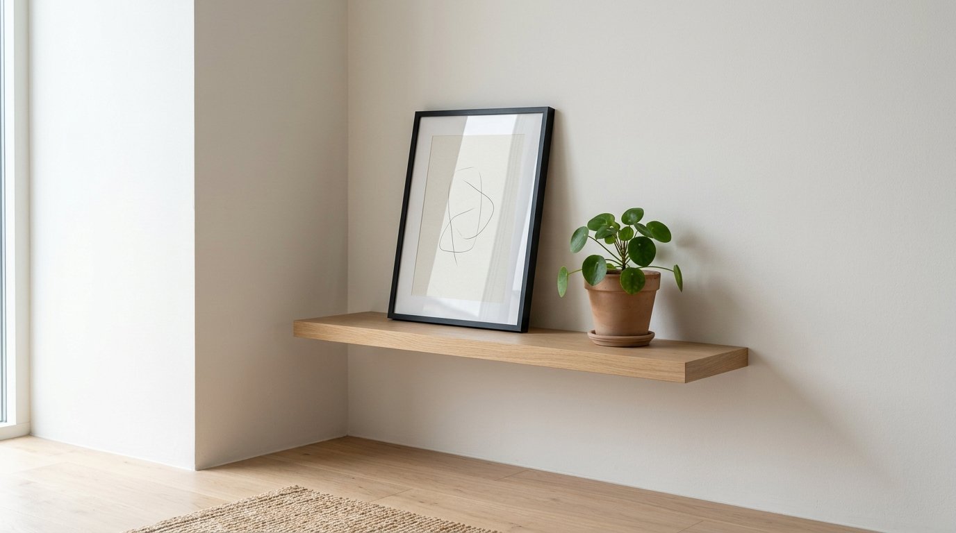 A framed abstract line drawing and a small potted peperomia plant sitting on a wooden floating shelf.
