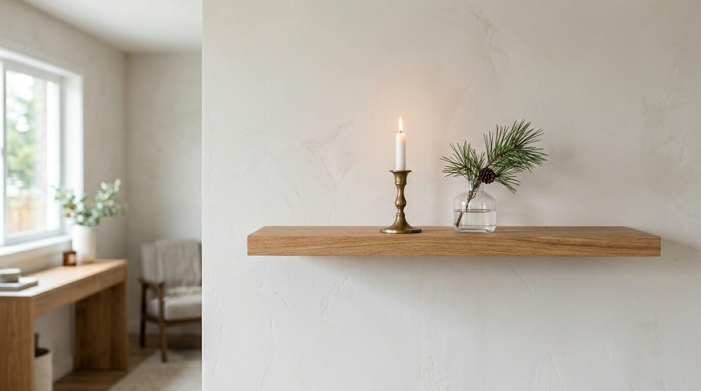 A brass candle holder and a pine sprig in a glass vase sitting on a natural wood floating shelf against a white wall.