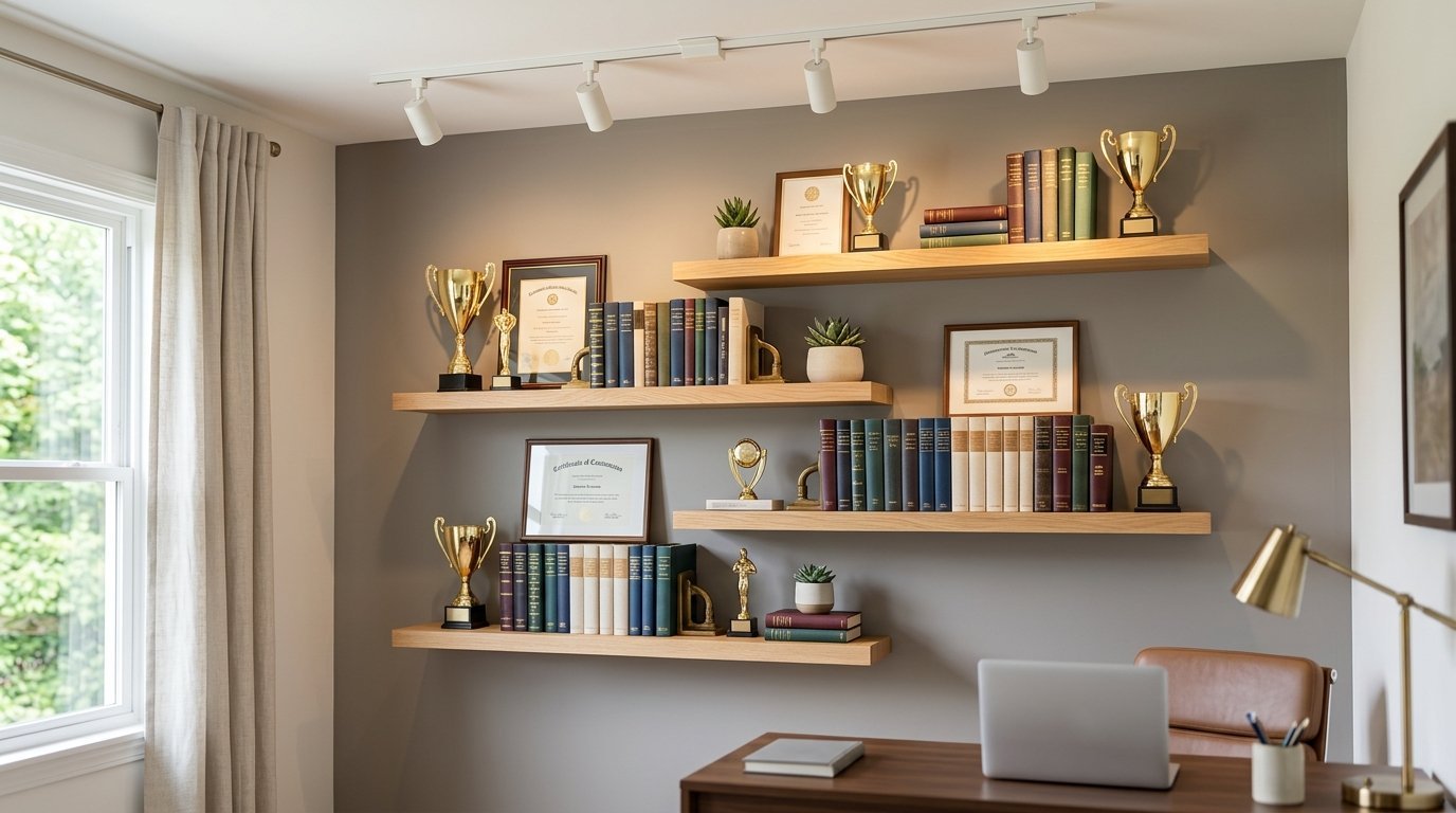 Floating oak shelves on a grey wall displaying gold trophies, hardback books, and framed achievement certificates.