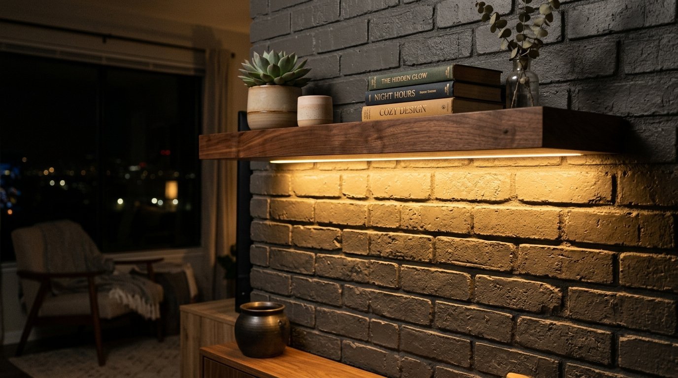 A live-edge walnut shelf with under-cabinet lighting featuring books and succulents against a charcoal brick wall.