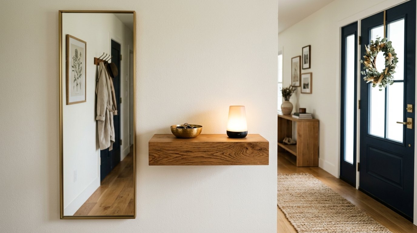 A floating oak shelf holds a small illuminated frosted lamp and a gold bowl beside a tall wall mirror.