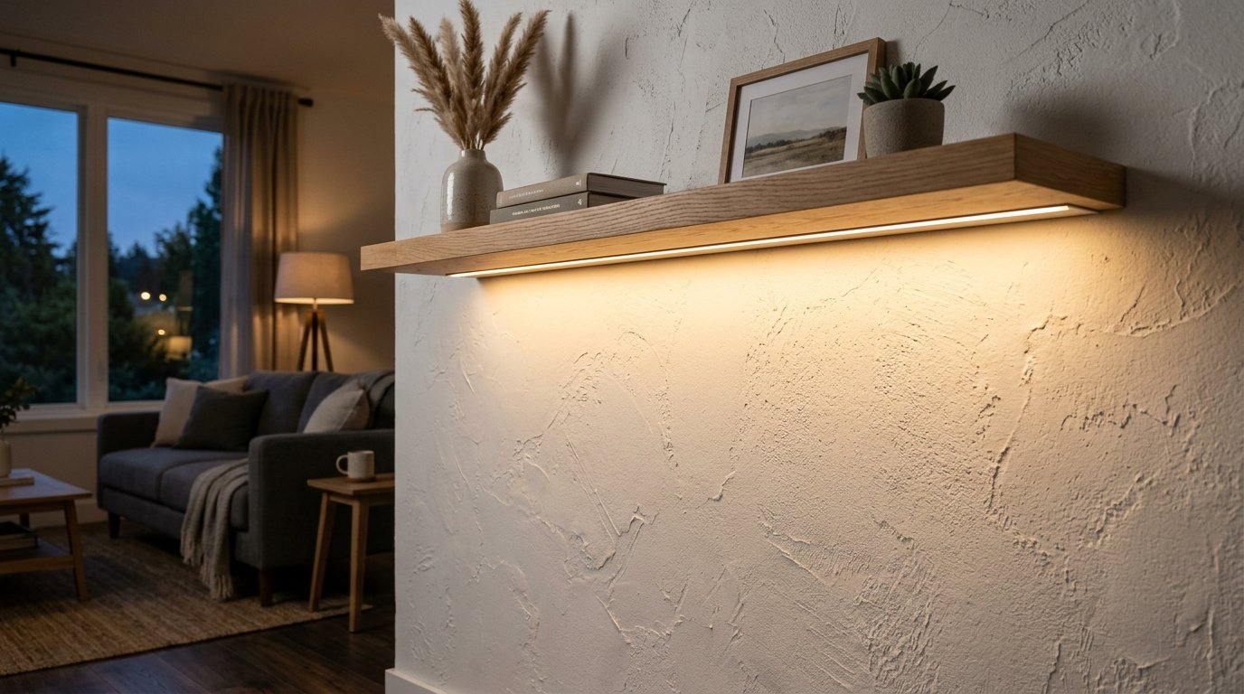 Wooden wall-mounted shelf featuring integrated lighting above a textured plaster wall in a cozy living room.