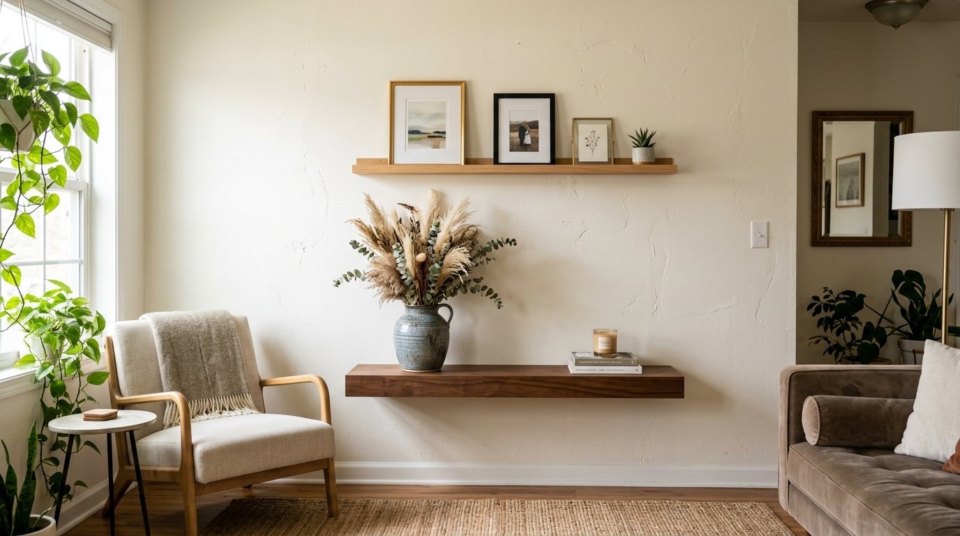 A beige living room wall with two wooden floating shelves, a blue vase with pampas grass, and a cozy armchair.