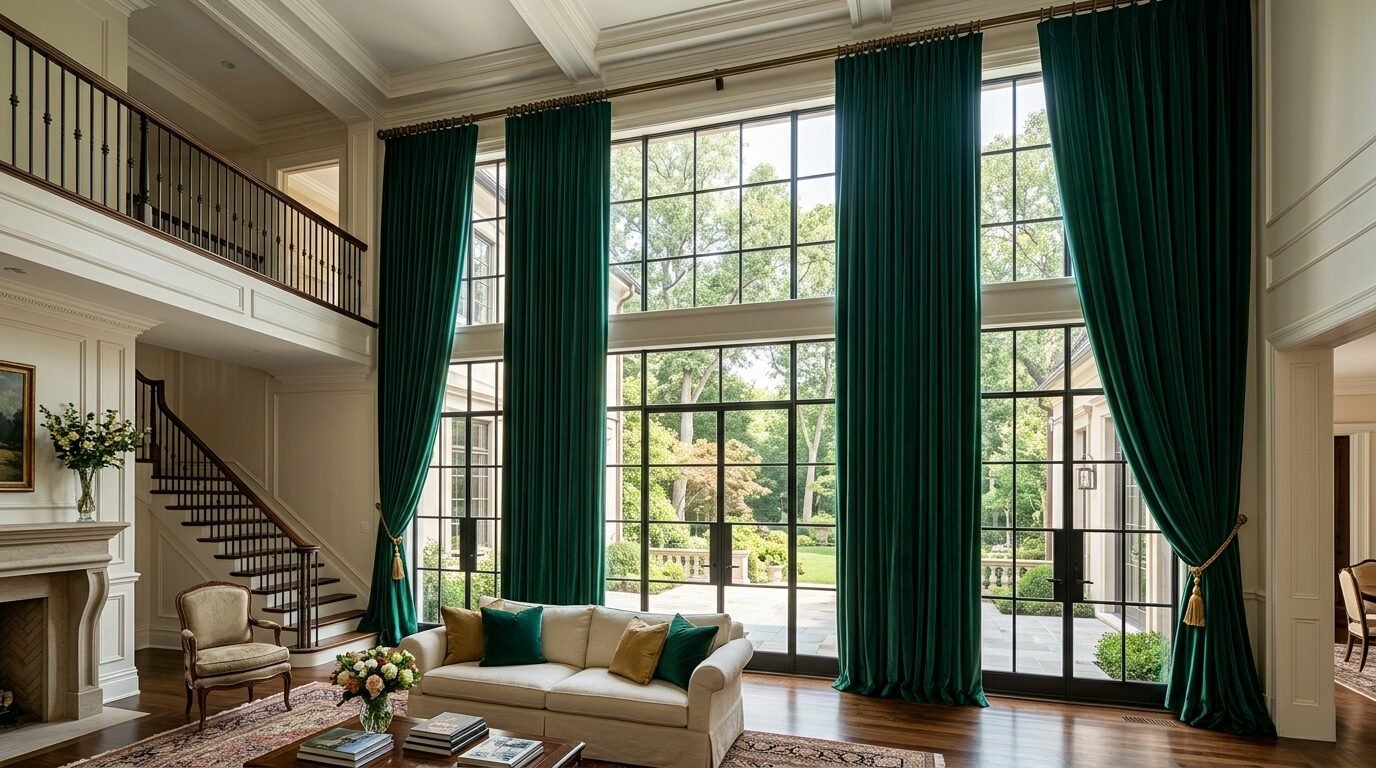 Tall green velvet curtains framing large black-grid windows in a grand living room with a staircase.