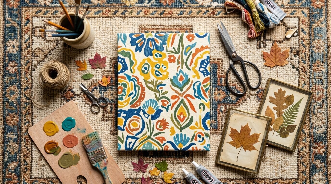 Top-down view of a colorful floral patterned canvas surrounded by paint, brushes, pressed leaves, and tools.