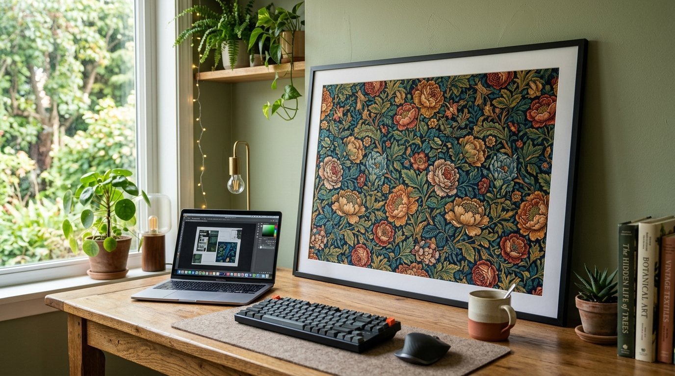 Wooden desk with a laptop, mechanical keyboard, and a large framed floral painting near a window.