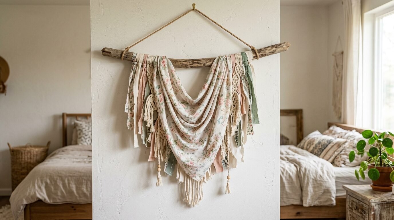 Textile wall decor featuring pink floral fabric strips and macrame tassels hanging on a wooden stick.