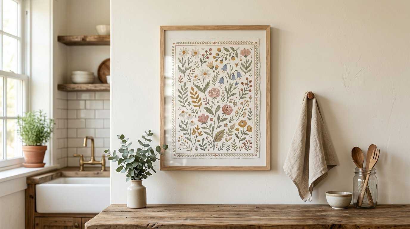 A framed watercolor painting of wildflowers on a kitchen wall next to a hanging linen towel and wooden utensils.