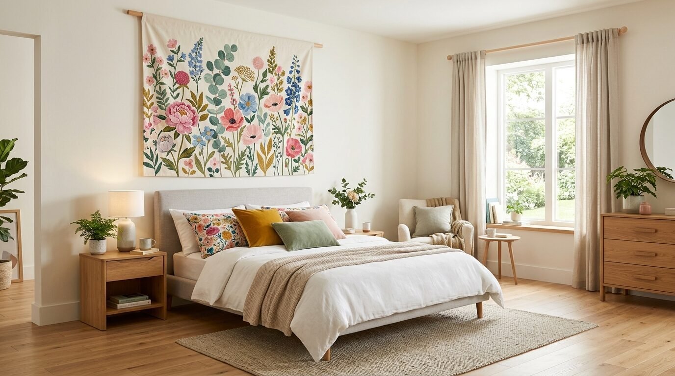 A cozy bedroom with a large canvas print of colorful flowers hanging above a bed with mixed decorative pillows.