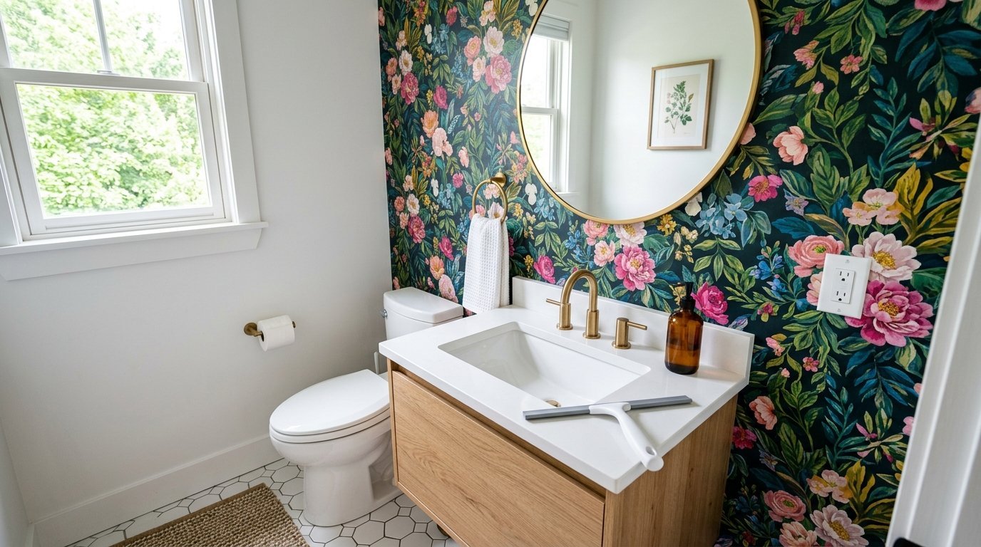 A bathroom vanity with brass fixtures and a squeegee against a wall covered in dark floral print wallpaper.