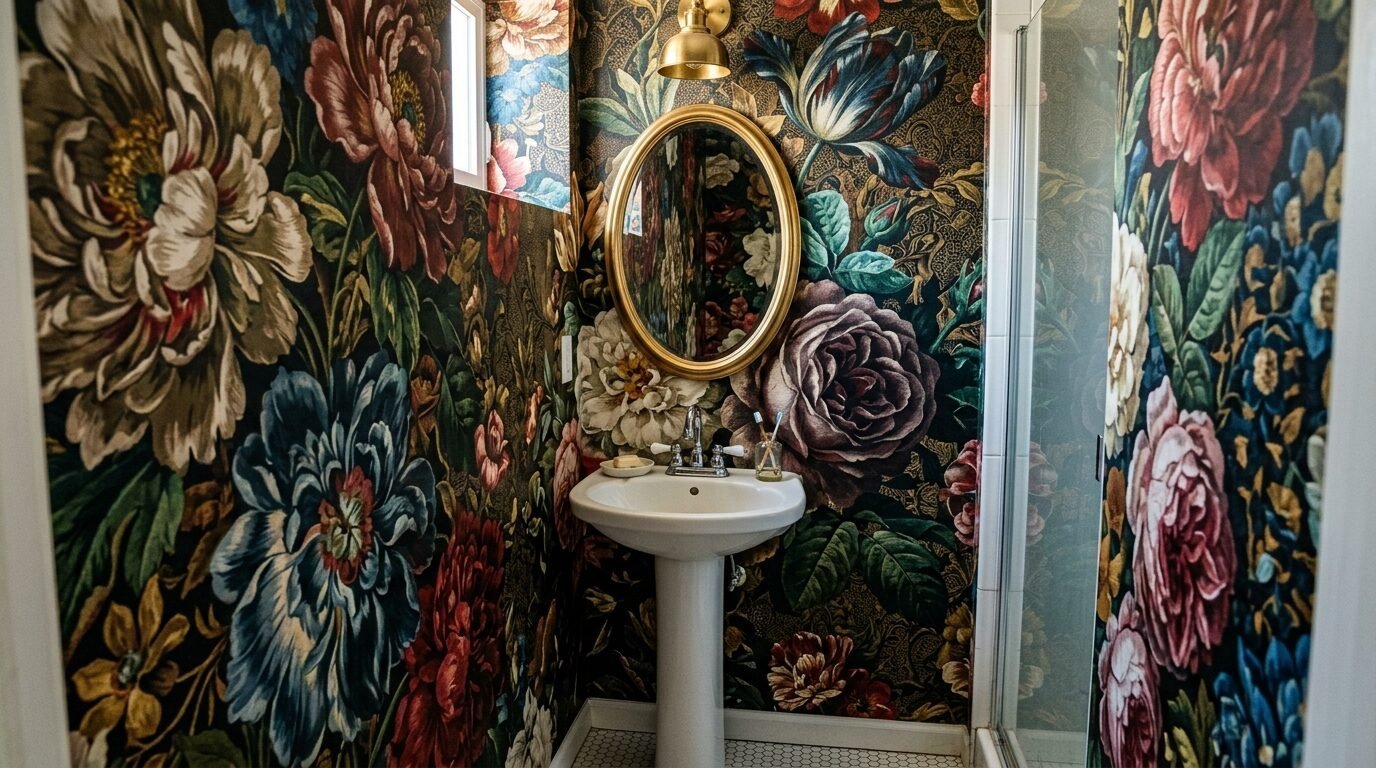 A small bathroom featuring bold, dark botanical wallpaper, a white pedestal sink, and a gold oval mirror.