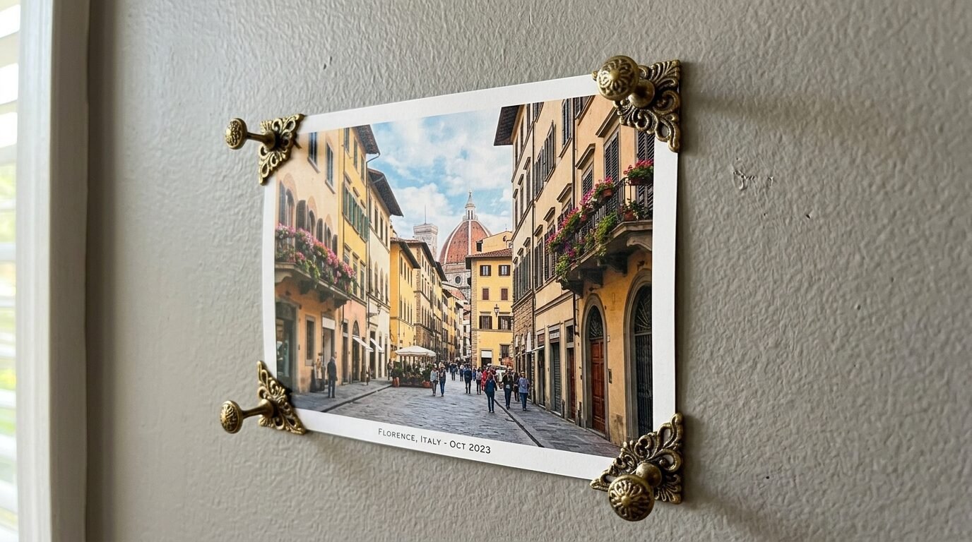 A photograph of a busy street in Florence, Italy, held up by antique brass corner brackets on a neutral wall.