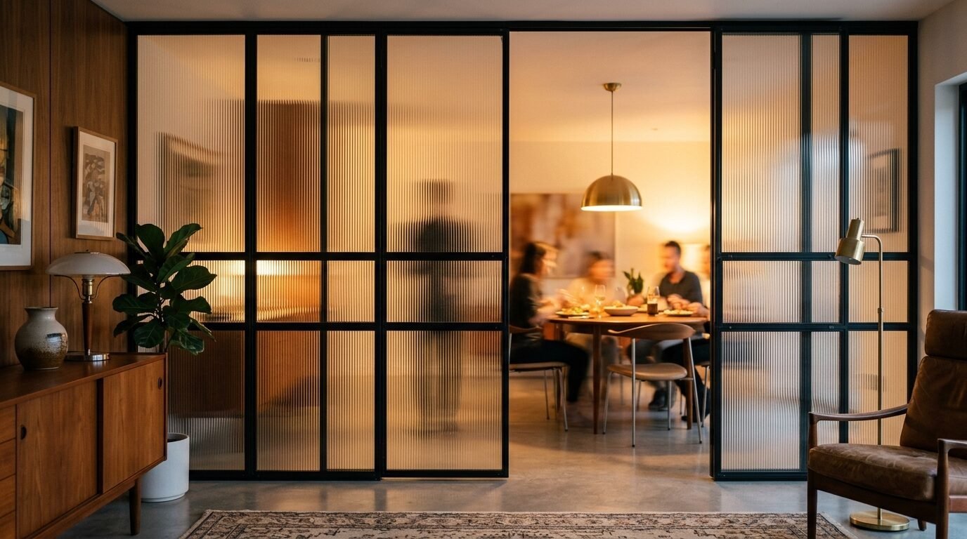 A blurred group of friends enjoying a meal in a room viewed through a modern textured glass divider.