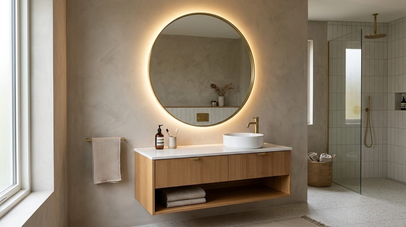 Modern bathroom featuring a fluted wood vanity, gold faucet, and a round backlit mirror on a beige plastered wall.