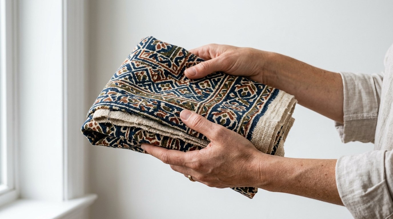 A person holding a folded textile with intricate blue, orange, and green geometric floral patterns.