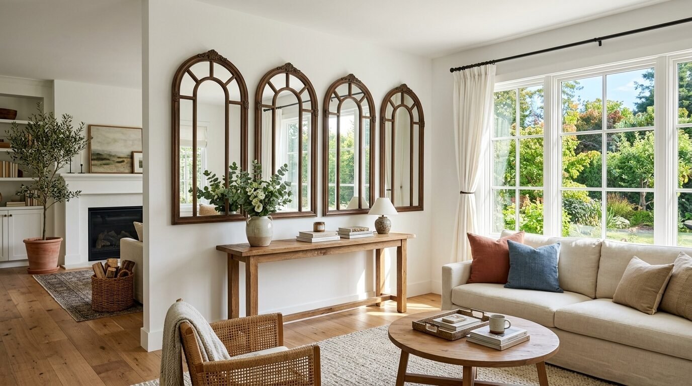 Four arched mirrors with dark frames hang on a white wall above a rustic console table in a bright living room.