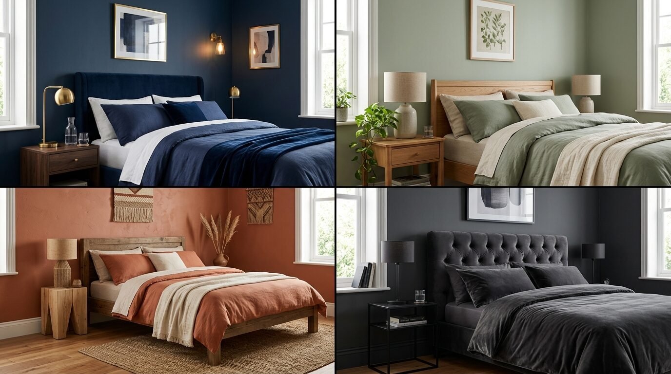 A split-screen image showing four different interior design bedroom styles with matching bedding and wall colors.