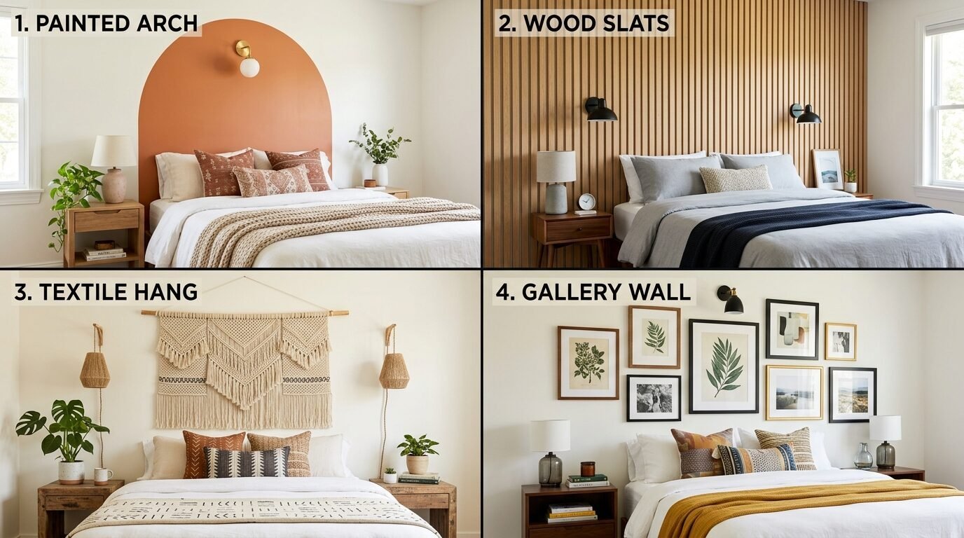 A composite image displaying four different bedroom styles featuring painted arches, wood slats, macrame, and gallery walls.