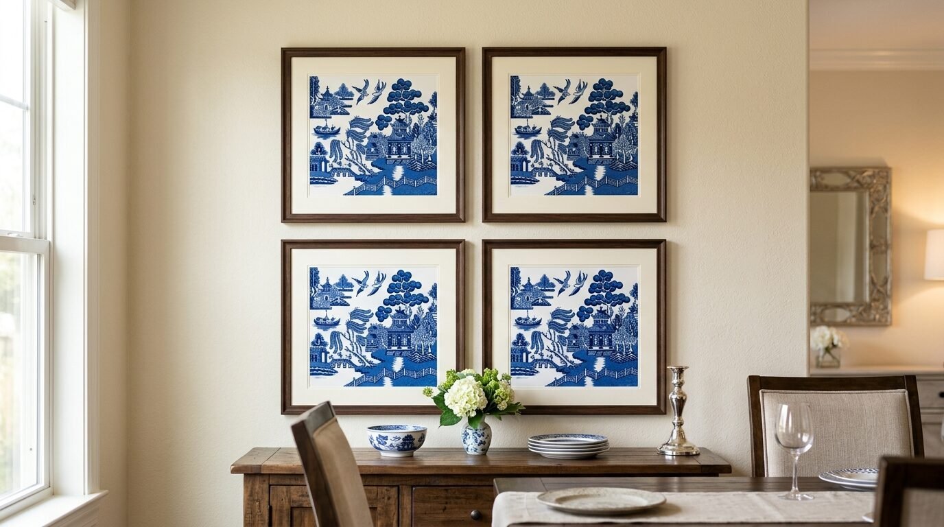 Four square framed blue and white Chinese willow pattern prints arranged in a grid above a dining room sideboard.