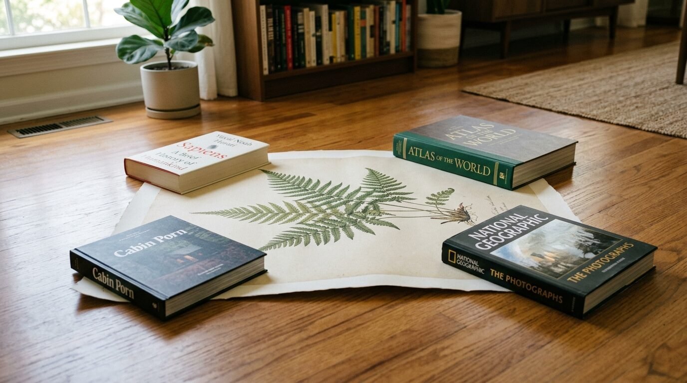 Four books resting on a hardwood floor encircling a large paper illustration of a green fern plant.
