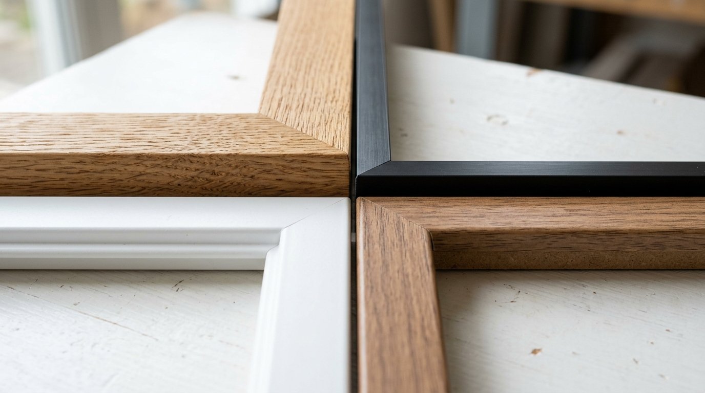 Close up of four different picture frame corner samples featuring white, black, and two shades of wood finishes.