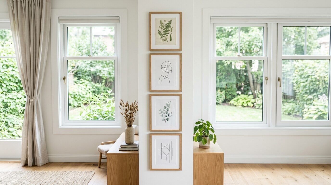 A white wall section displaying four framed nature and geometric drawings between two bright garden windows.