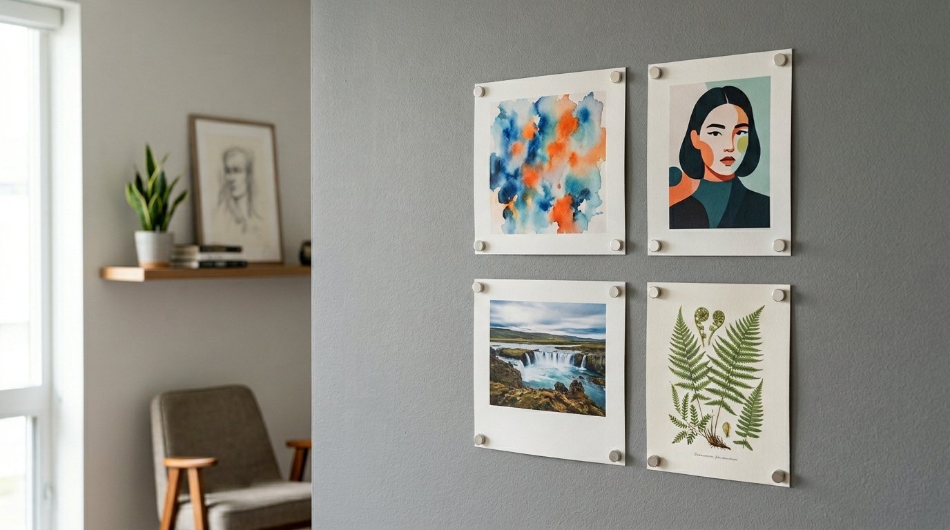 A collage of four prints mounted with standoffs on a wall, showing abstract art, a woman portrait, a waterfall, and a fern.