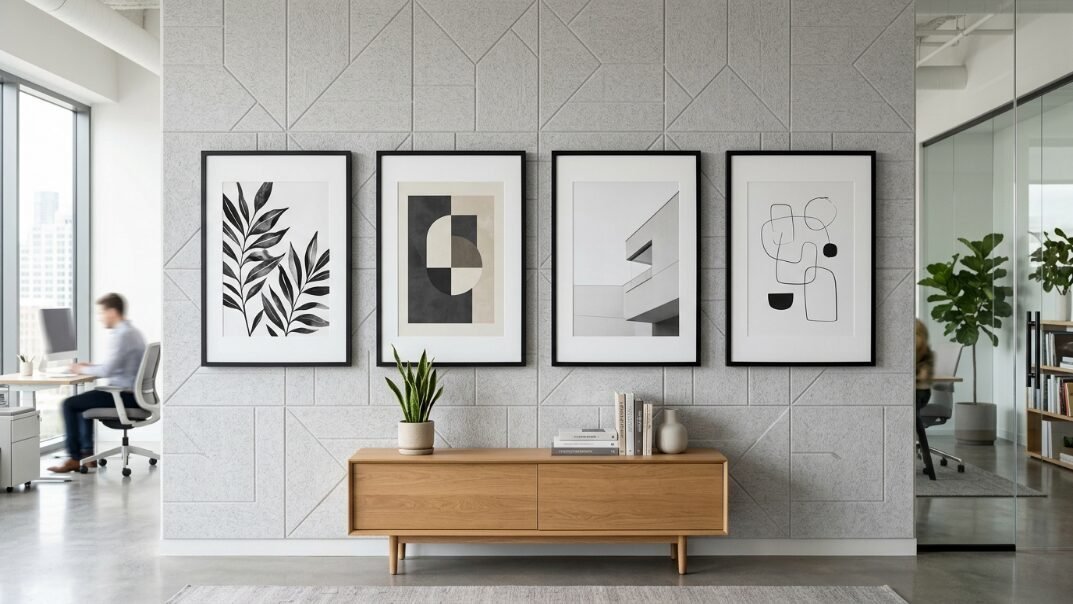 Four black-framed abstract prints hanging above a wooden sideboard on a textured geometric grey wall.