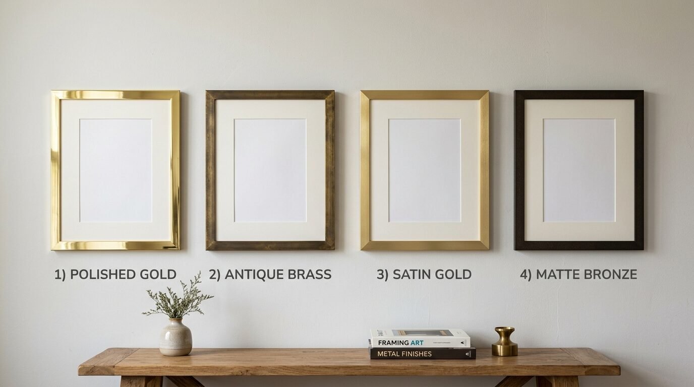 Four empty frames in polished gold, antique brass, satin gold, and matte bronze hanging above a wooden console table.