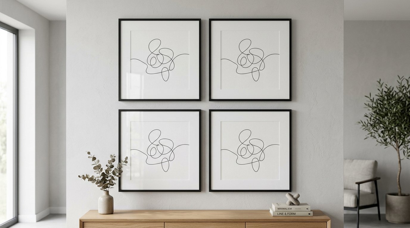 Four identical square frames with black line art hanging on a wall above a wooden console table.