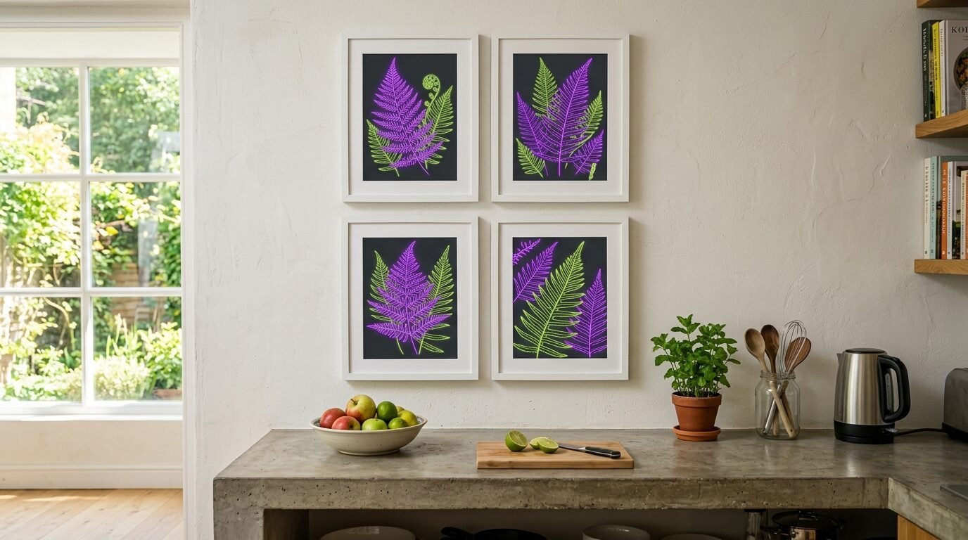 Gallery wall of four white-framed prints featuring stylized green and purple neon ferns above a kitchen counter.