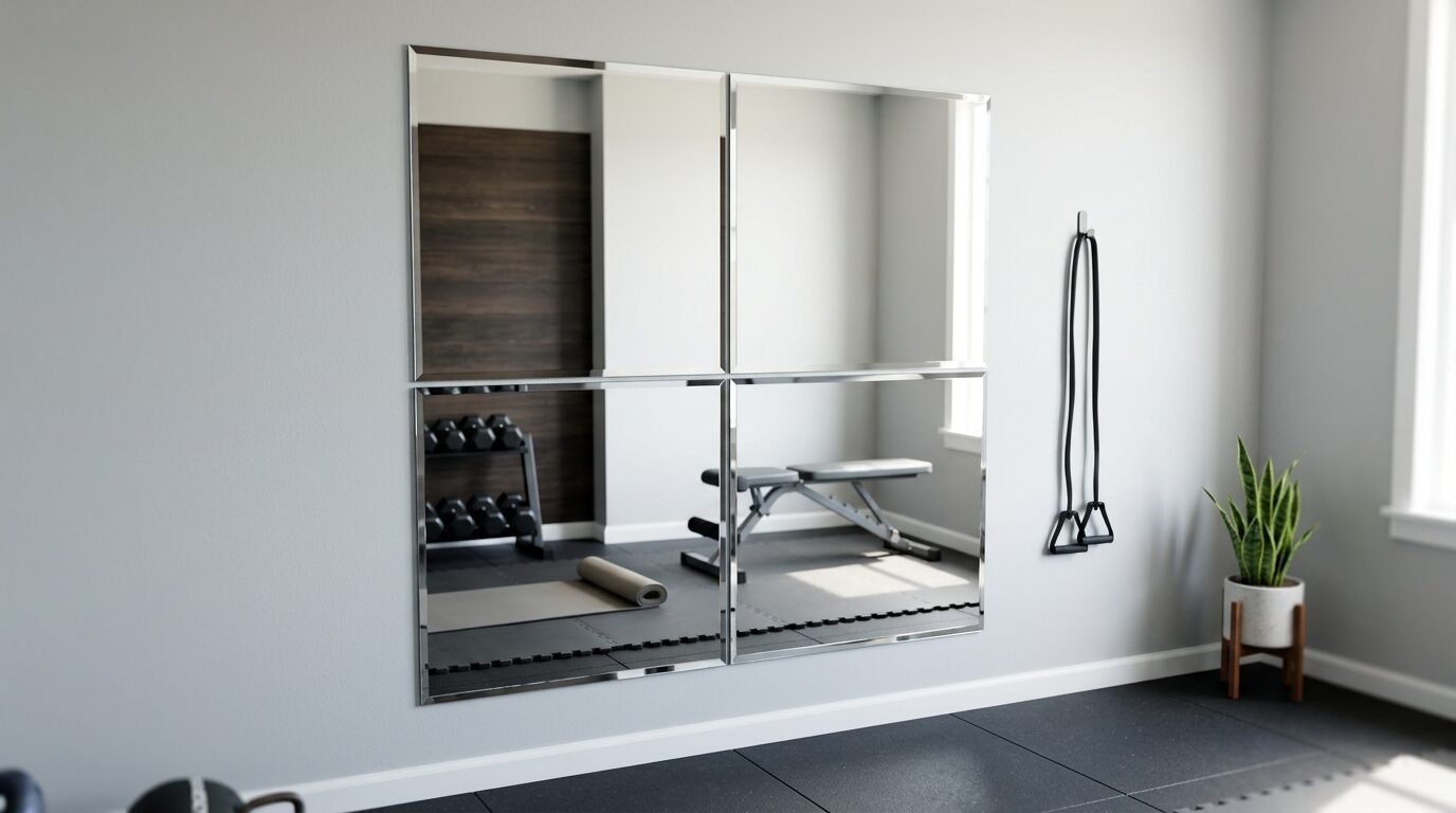 Square wall mirrors reflecting a weight bench and dumbbell rack in a workout room.