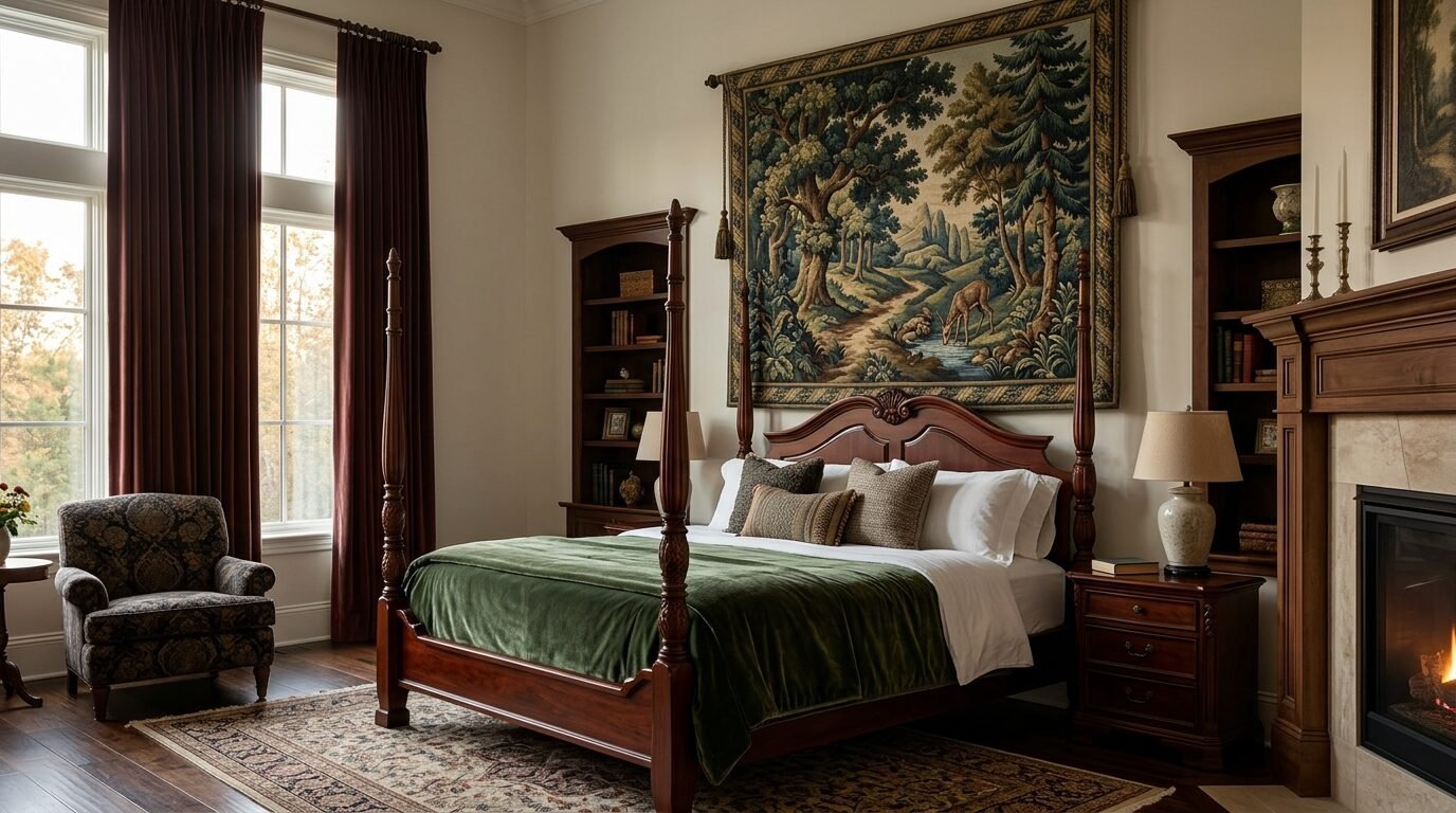 A wooden four-poster bed with a green velvet throw sits before a detailed landscape tapestry in a cozy room.