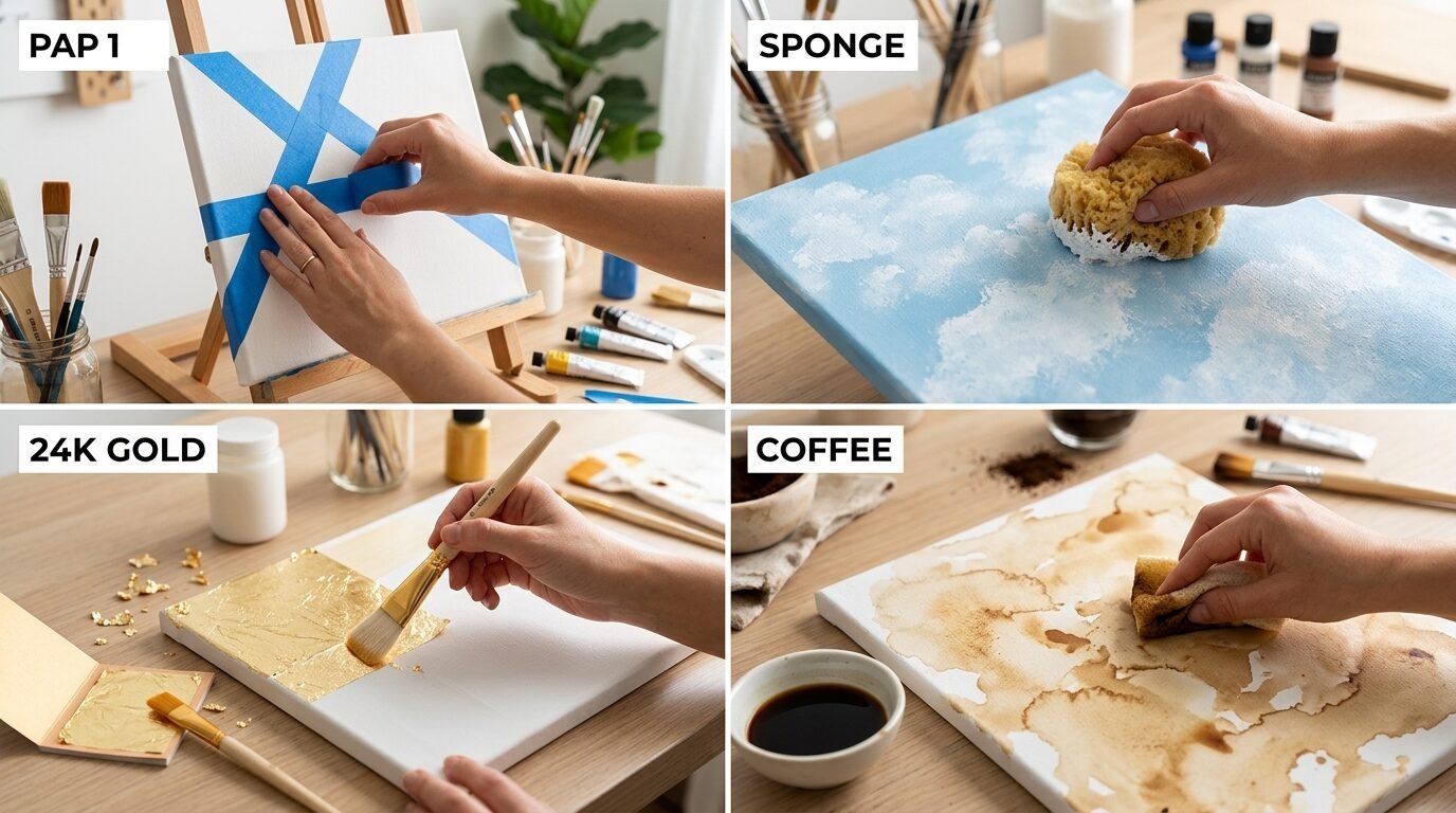 A grid of four photos showing hands applying tape, sponge paint, gold leaf, and coffee stains to canvas art.