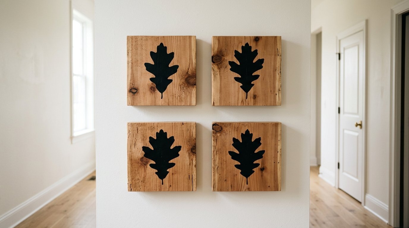Four square plaques made of natural wood grain hung in a grid with black oak leaf shapes painted on each piece.