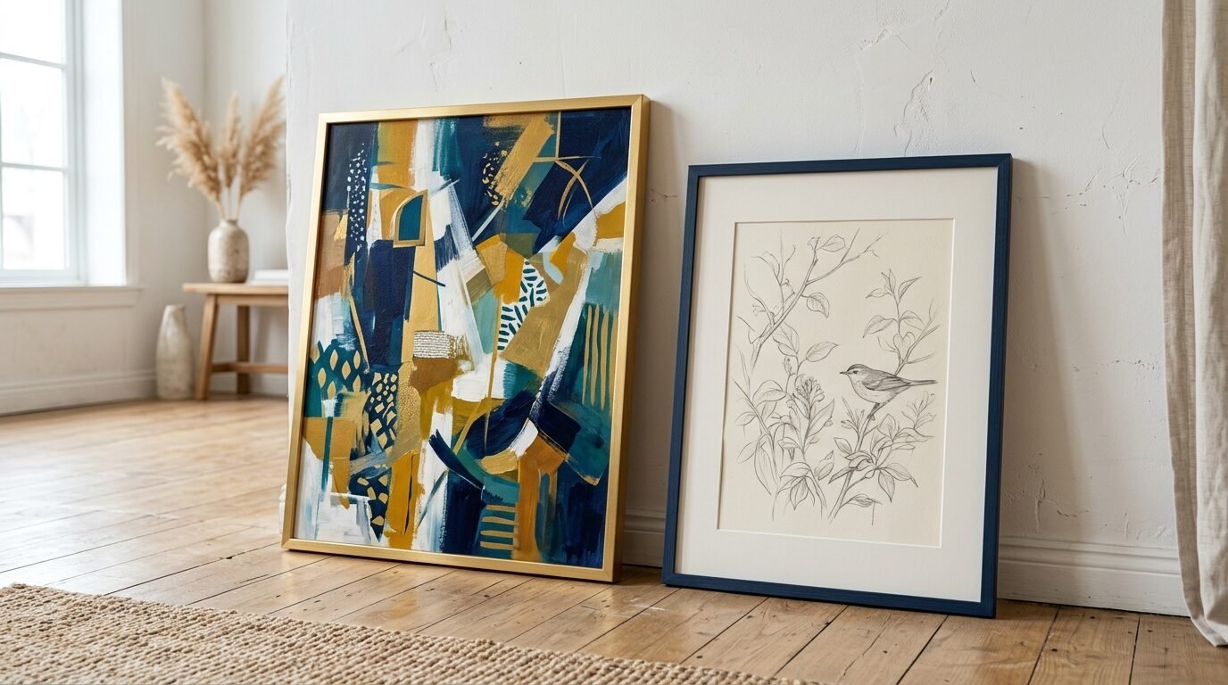 A gold-framed abstract painting sits beside a dark-framed line drawing of a small bird on a branch.