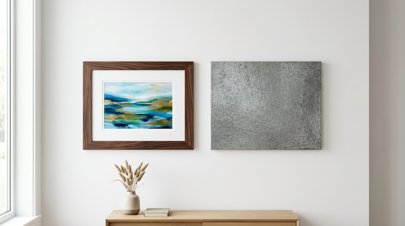 Wooden framed watercolor painting and a riveted galvanized steel panel displayed on a white wall above a console table.
