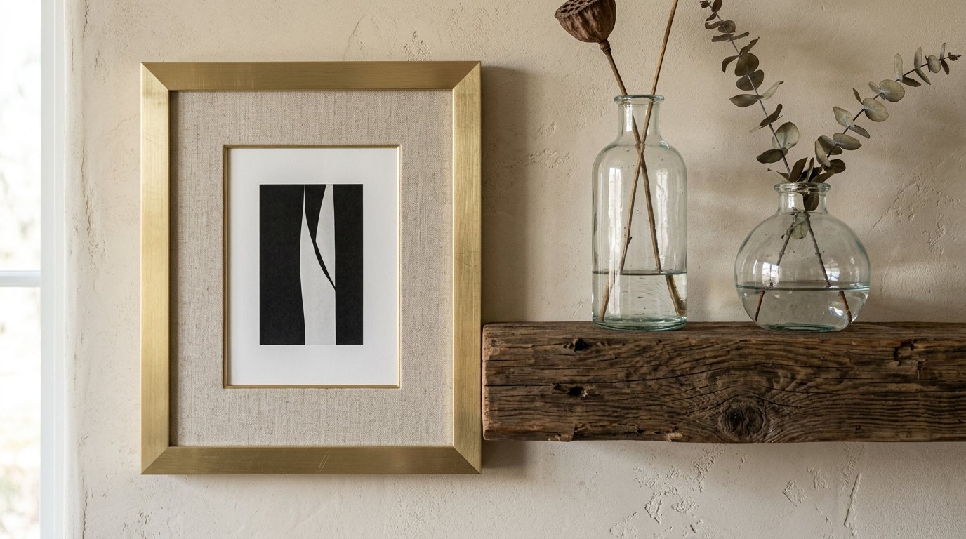 Neutral textured wall featuring a gold frame with black and white art next to clear glass vases on a reclaimed wood ledge.