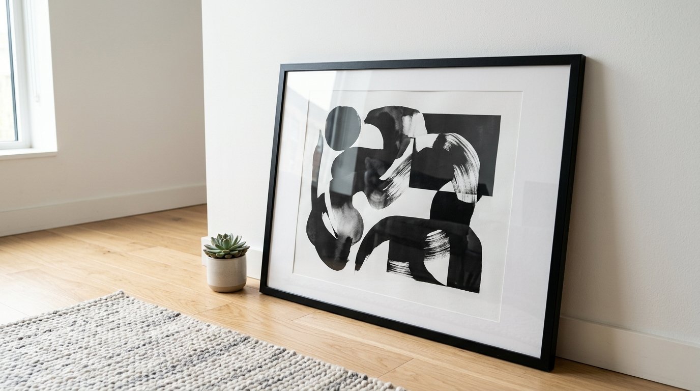 A framed black and white abstract print leaning against a white wall next to a small potted succulent.