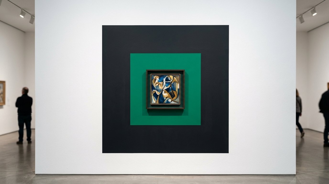 Small framed abstract painting centered on a green square over a black square in an art museum.