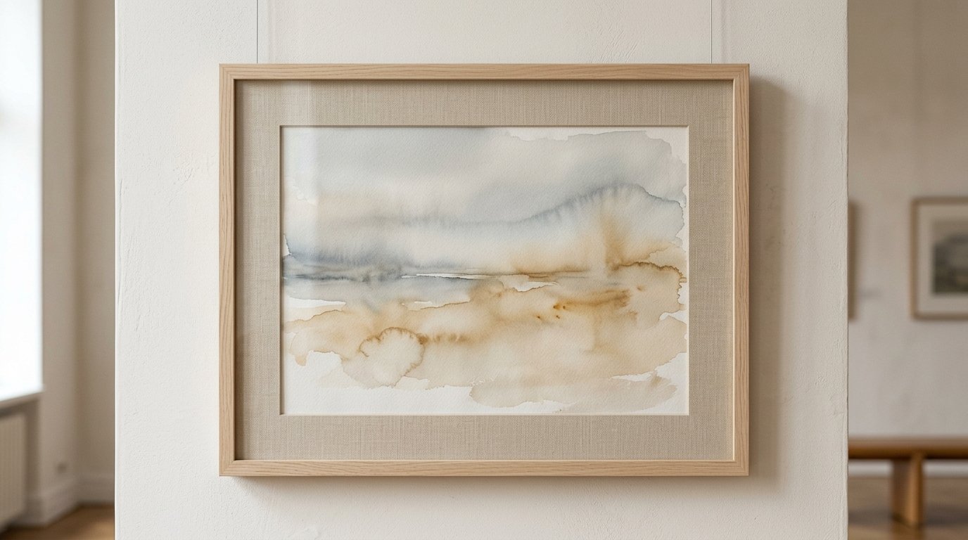 An abstract watercolor art piece in a light wood frame hanging on a white wall in a gallery.