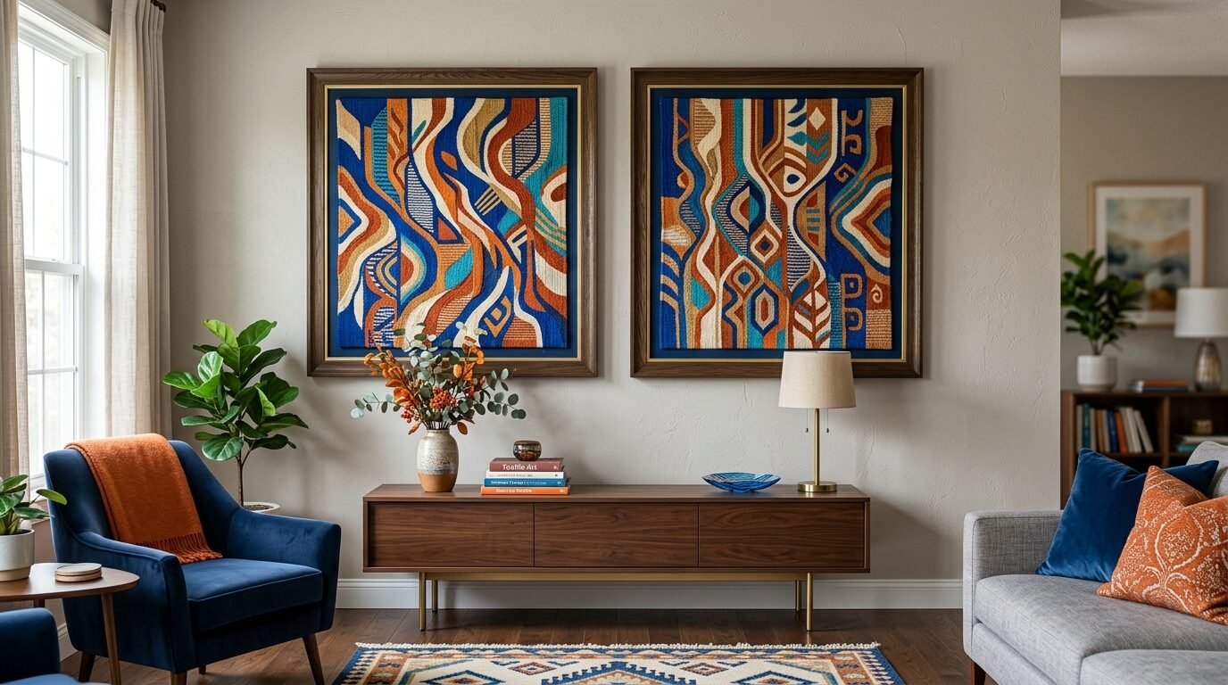 Decorative wall hangings with blue and orange geometric patterns displayed in a modern living room setting.