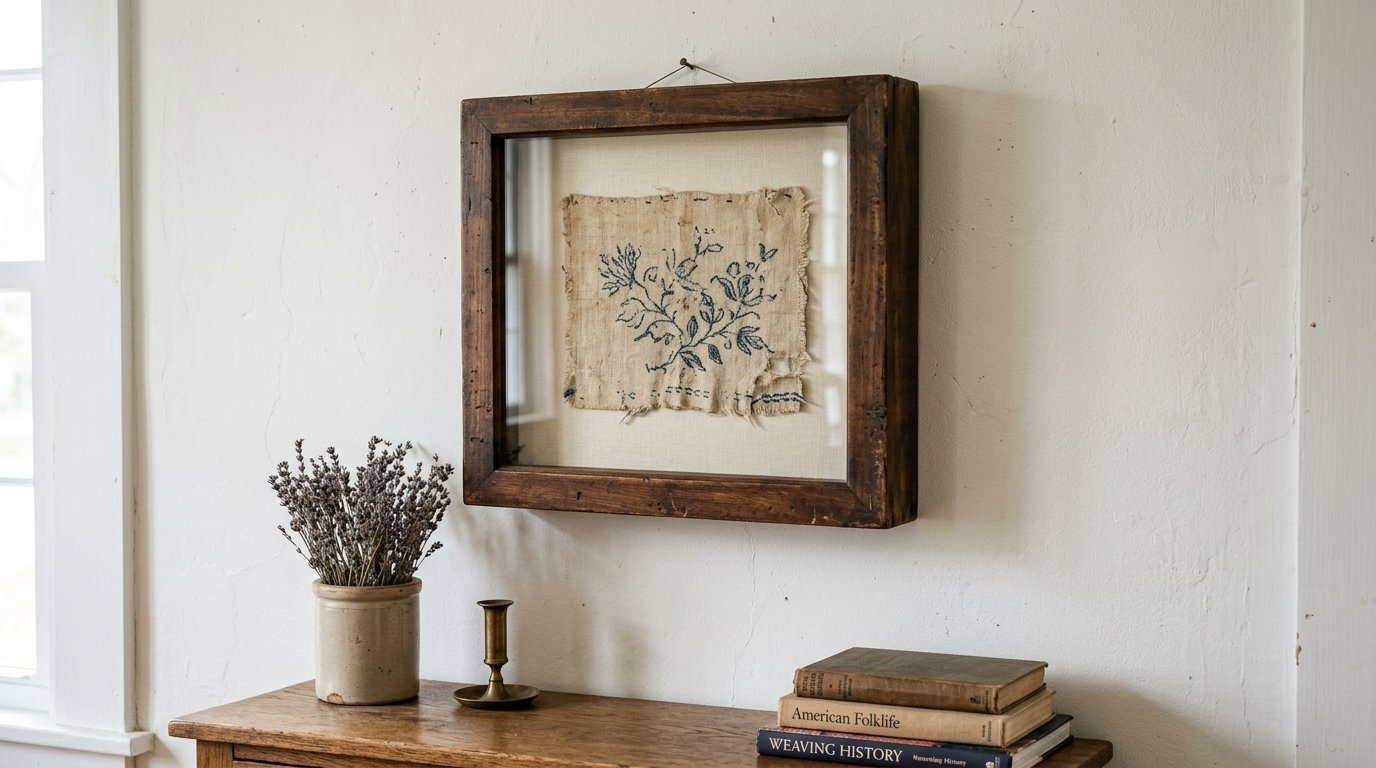 A rustic wood shadowbox frame holding a piece of weathered linen with indigo botanical stitching hanging on a wall.