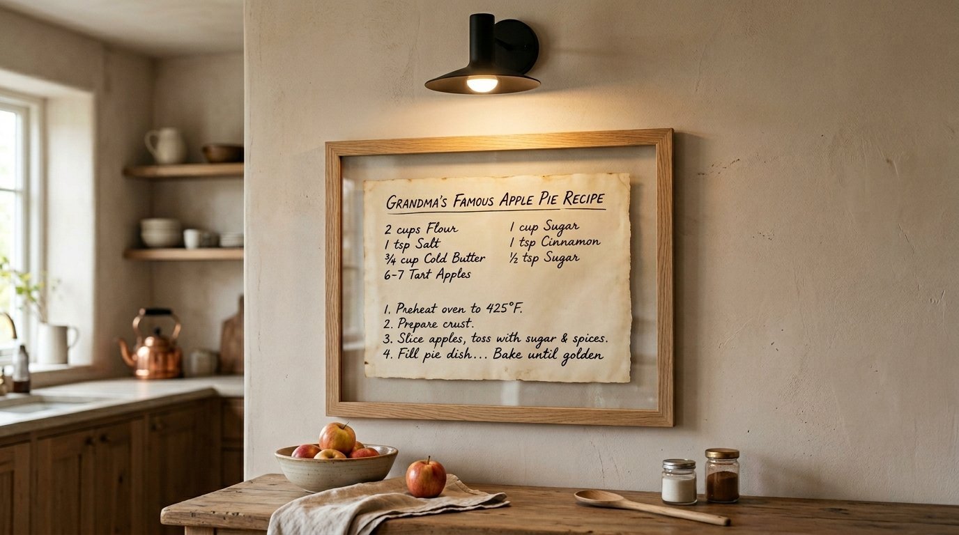 Vintage paper with a Grandma's apple pie recipe inside a wood frame mounted on a kitchen wall.
