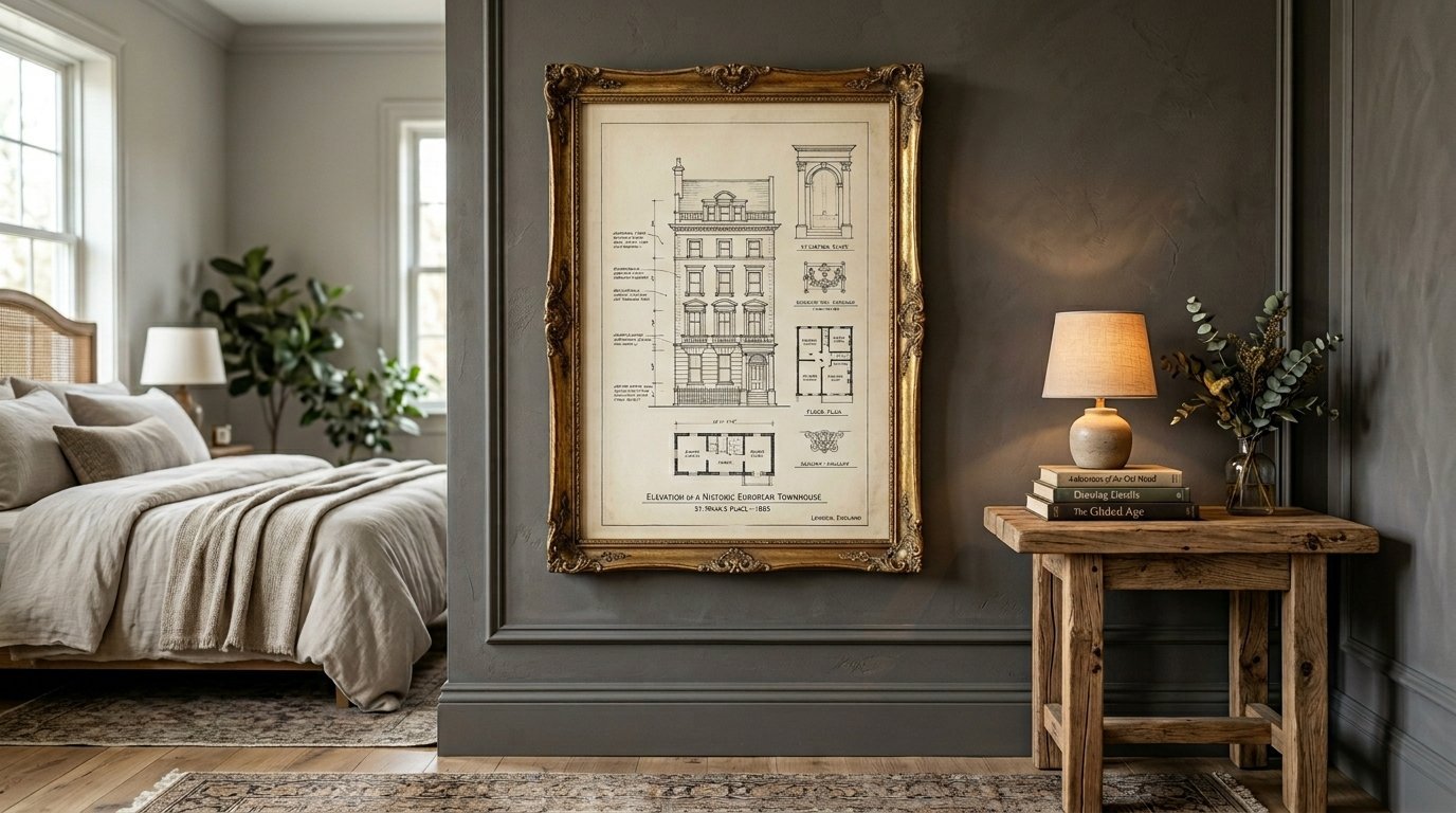An antique building elevation drawing inside a gilded frame hanging on a dark grey bedroom wall.